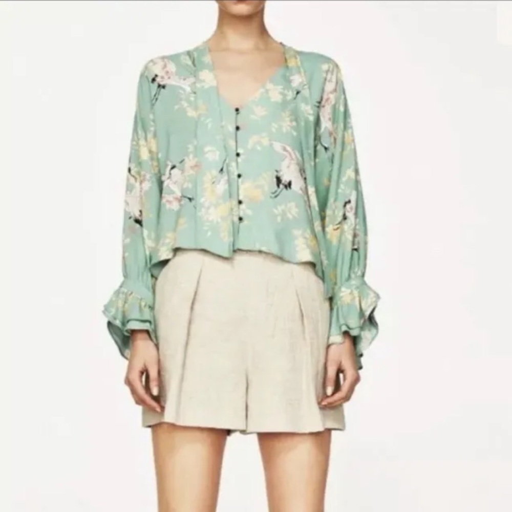 Zara Green Blouse with Heron Print Flowy Top Bell Sleeve Size XS